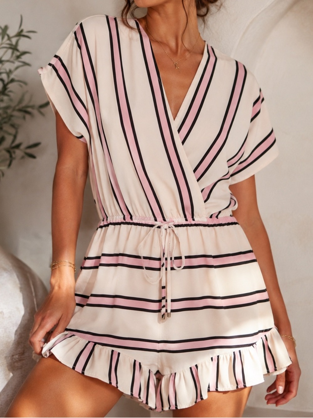 Design Lab Lord & Taylor Striped Romper M Pink Black Ruffle Wrap